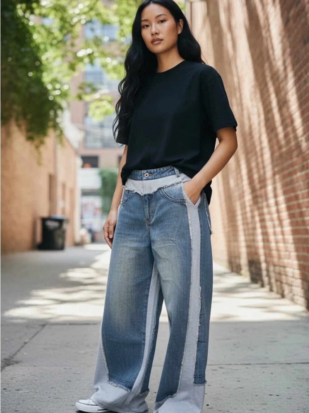 Wide-Leg Two-Tone Patchwork Jeans with Adjustable Jogger Bottom - Picture 2 of 9